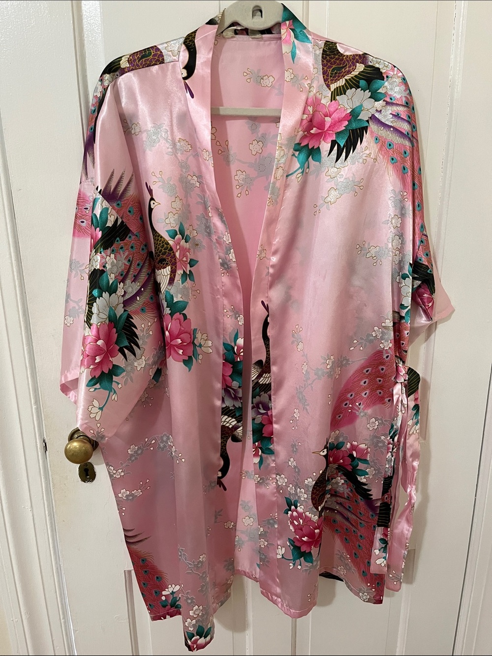 Pink Floral Peacock Satin Kimono Robe - Women Intimates & Sleepwear with belt